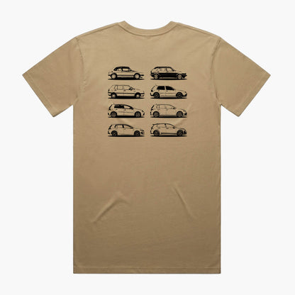 Back view of a sand coloured t-shirt featuring black side-view silhouette prints of the VW Golf, from the Mk1 to the Mk8