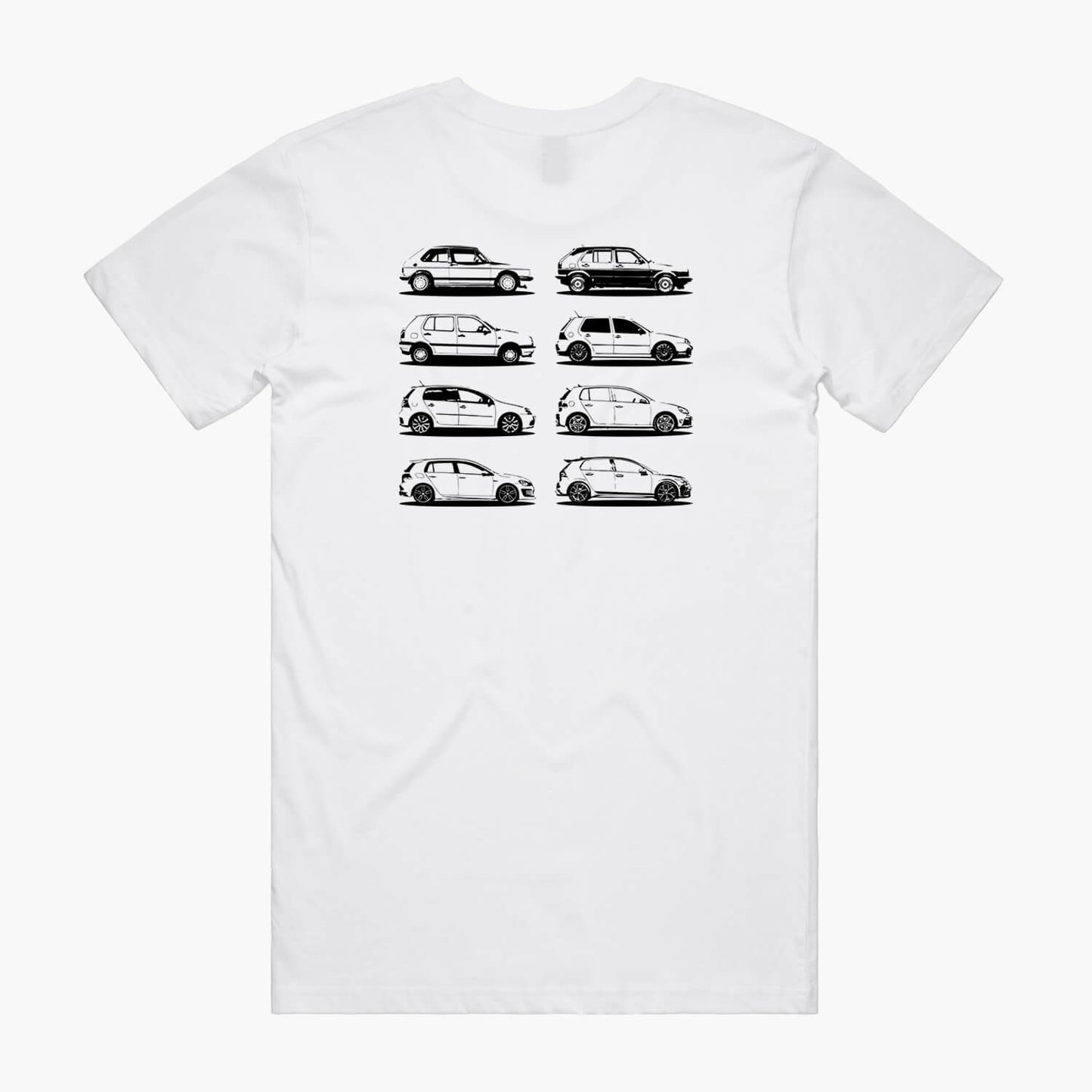 Back view of a white t-shirt featuring black side-view silhouette prints of the VW Golf, from the Mk1 to the Mk8