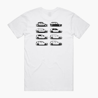 Back view of a white t-shirt featuring black side-view silhouette prints of the VW Golf, from the Mk1 to the Mk8