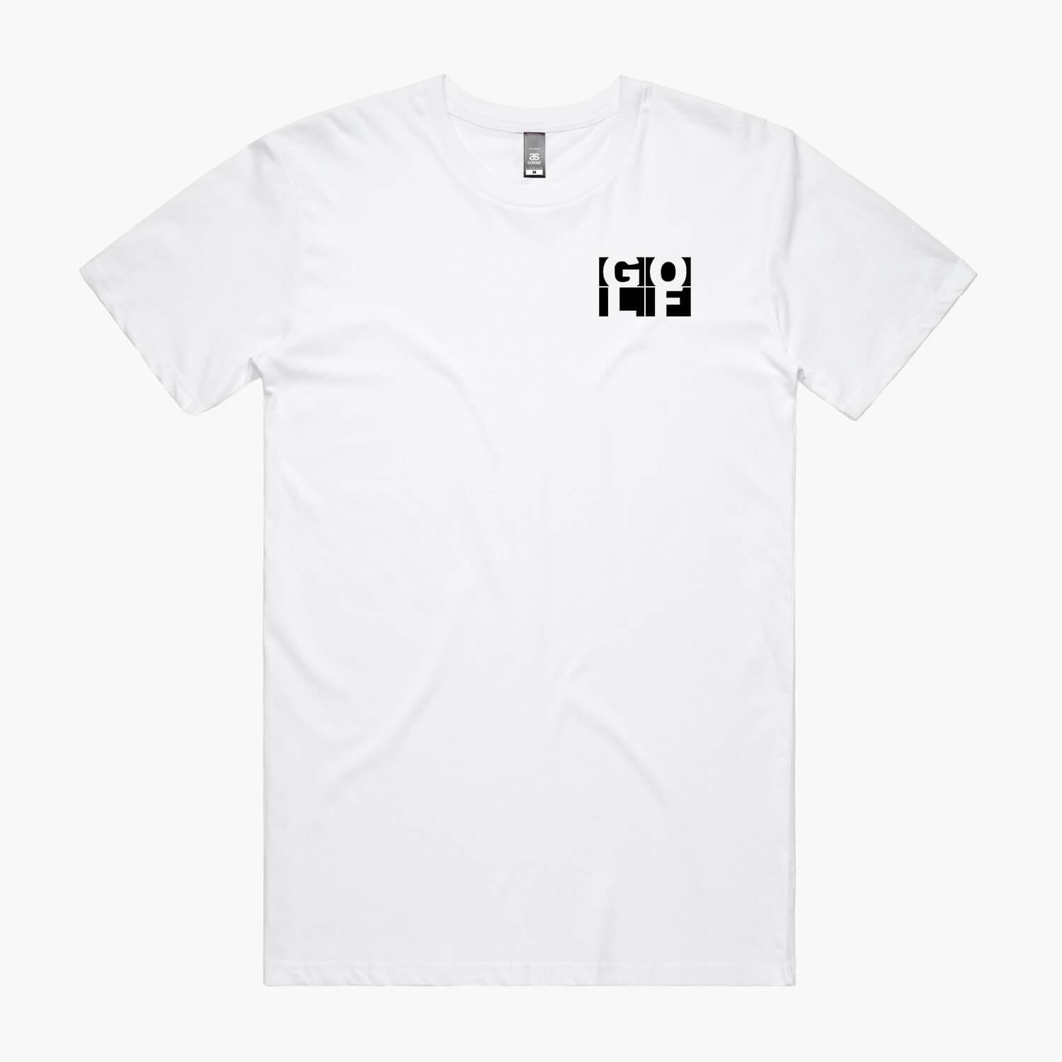 White t-shirt with a small black pocket logo of the word GOLF in block lettering