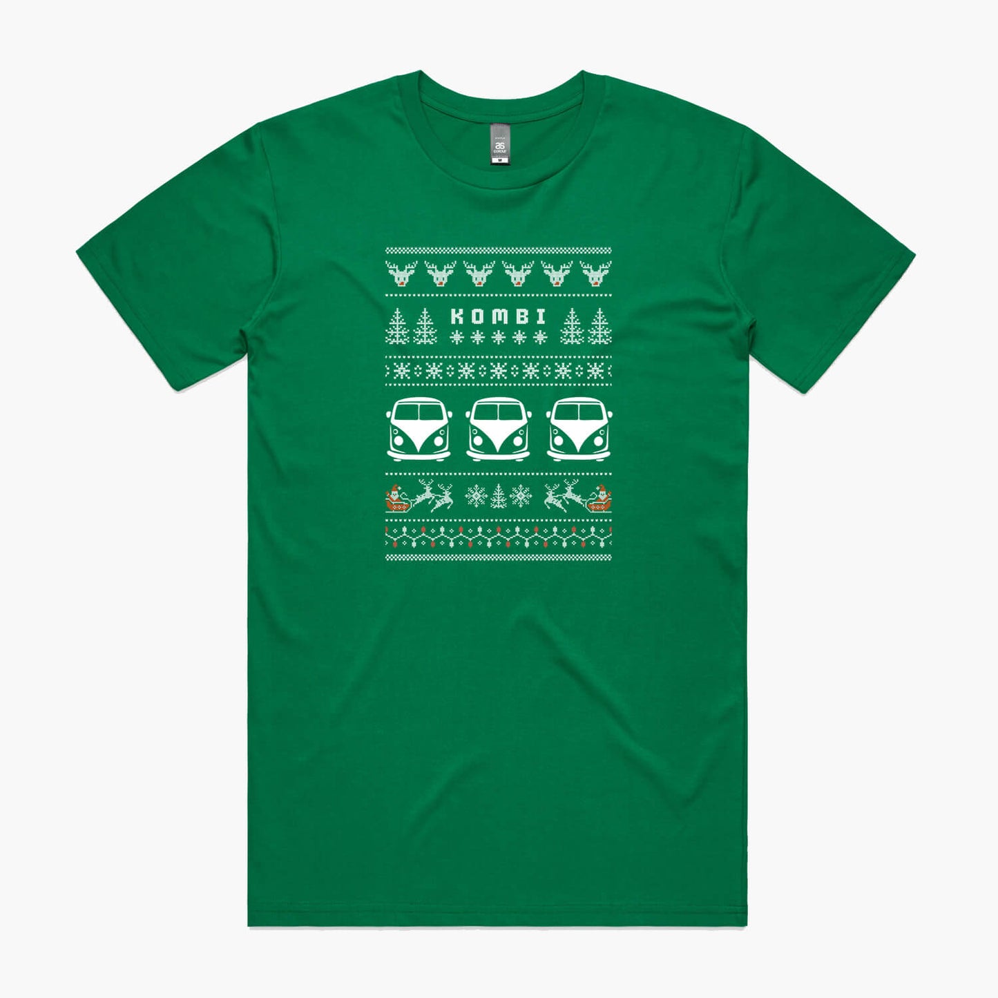 Green Christmas t-shirt featuring a VW Kombi Ugly Sweater print