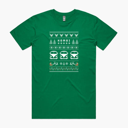 Green Christmas t-shirt featuring a VW Kombi Ugly Sweater print